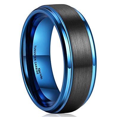 King Will DUO 8mm Black Brushed Blue Tungsten Carbide Wedding Band Ring Polish Finished Comfort Fit