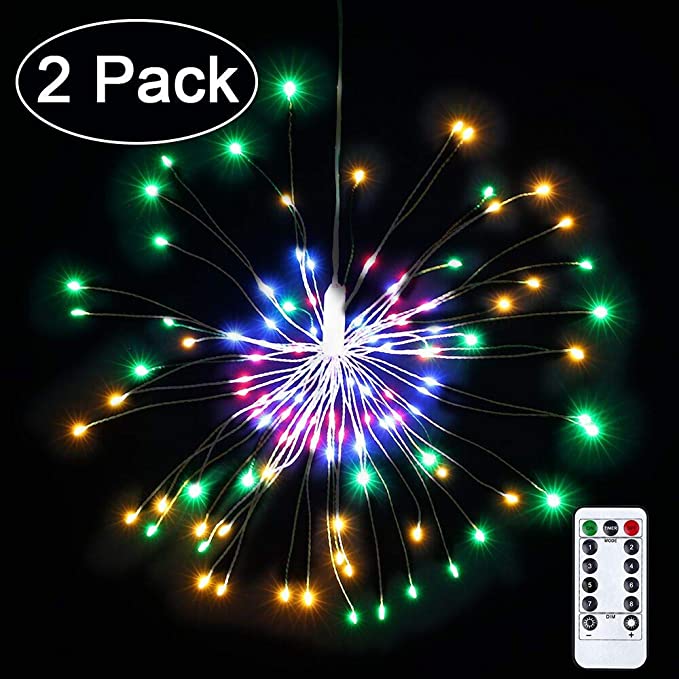 2 Pack Firework Lights led Silver Wire Starburst String Lights 120LED 8 Modes Battery Operated Fairy Lights with Remote,Wedding Decorative Hanging Lights for Party Patio Garden Bedroom Decoration (Multicolor)
