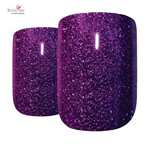 Bling Art False Nails French Fake Purple Gel Glitter Squoval 24 Medium Tips glue