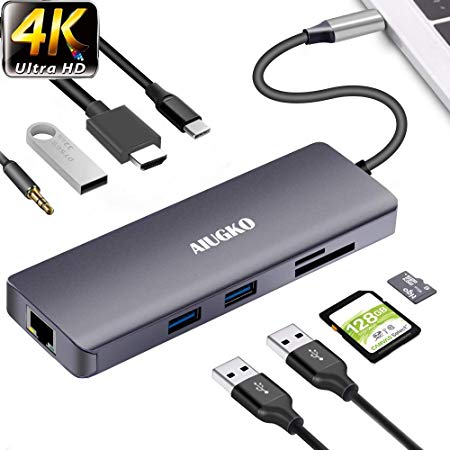 Aiugko USB C Hub 9-in-1 USB C Adapter Hub to Ethernet HDMI Type C Hub Data/PD Charge 3USB 3.0 SD/TF Card Reader Audio/Mic Space Grey USB C Adapter for Mac/Mac Pro USB C Devices