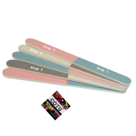 5 Pack of COTU Premium Washable 4 Way 7 inch All in One Super Shine Nail Buffer Files (Made in the USA)