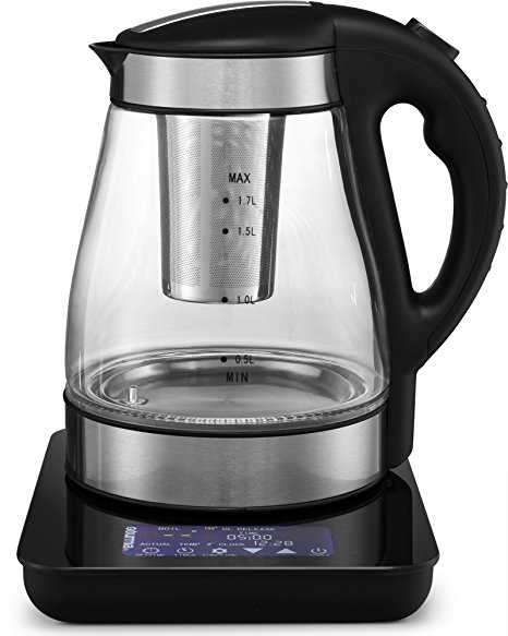 Gourmia GDK380 Multi Function Digital Tea Kettle, Programmable Touch Screen Time & Temperature with Real Time Digital Water Boil Monitor, Glass, With Tea Infuser 2 Quarts