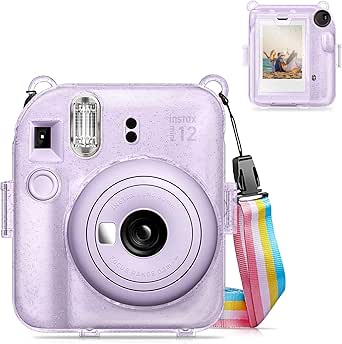 Fintie Protective Clear Case for Fujifilm Instax Mini 12 Instant Camera - Crystal Hard Shell Cover with Upgraded Film Pocket for Storing Photos & Removable Rainbow Shoulder Strap