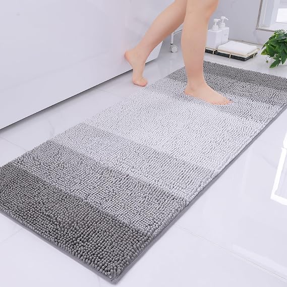 OLANLY Bathroom Rug, Extra Soft Chenille Thick Absorbent Shaggy Mat, Non-Slip Machine Wash Dry Plush Bath Mats for Bathroom, Tub and Shower (59 x 24 Inch, Grey)