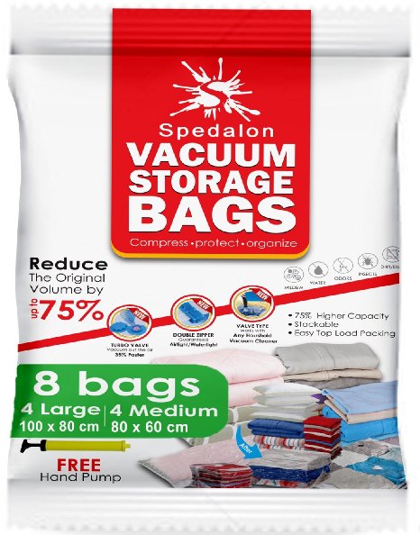 Spedalon Vacuum Storage Bags - Pack of 8 ReUsable space savers (4 Large (40x31)   4 Medium (31x25)) with free Hand Pump for travel. Best for Clothing, Duvets, Bedding, Pillows, Curtains, Travelling