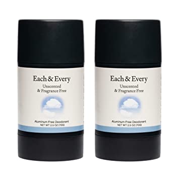 Each & Every 2-Pack Natural Aluminum-Free Deodorant for Sensitive Skin with Essential Oils, Plant-Based Packaging (Unscented, 2.5 Ounce (Pack of 2))