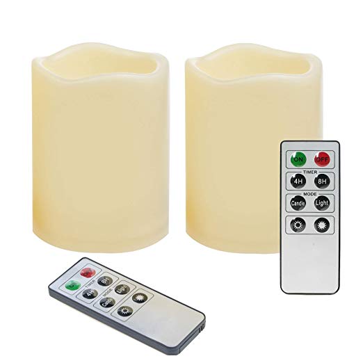 2 Waterproof Outdoor Battery Operated Flameless LED Pillar Candles with Remote Timer Flickering Plastic Resin Electric Night Lights Lantern Patio Garden Home Decor Party Wedding Decorations 3x4 Inches