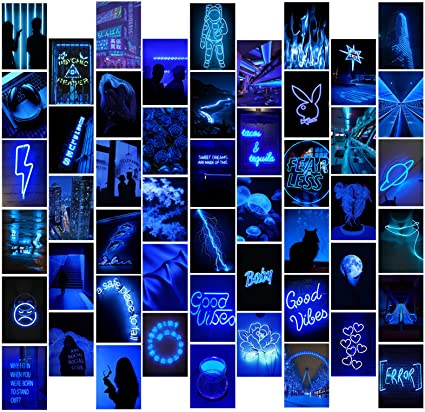 Blue Neon Wall Collage Kit - Room Decor Aesthetic for Teen Girls Blue Photo Collections Collage Dorm Decors Wall Art Prints for Room VSCO Posters for Bedroom 50 Pieces 4x6 inches Aesthetic Posters