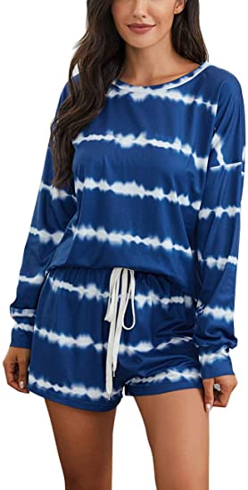 ZETIY Women's Pajamas Set Tie Dye Striped Long Sleeve Tops with Shorts Sleepwear Loungewear