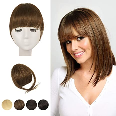 Clip in Bangs, BARSDAR 100% Human Hair Bangs Extensions French Bangs Neat Bangs with Temples Clip on Fringe Bangs Real Hair for Women Natural Color Washable/Dyeable(Neat-Medium Brown)