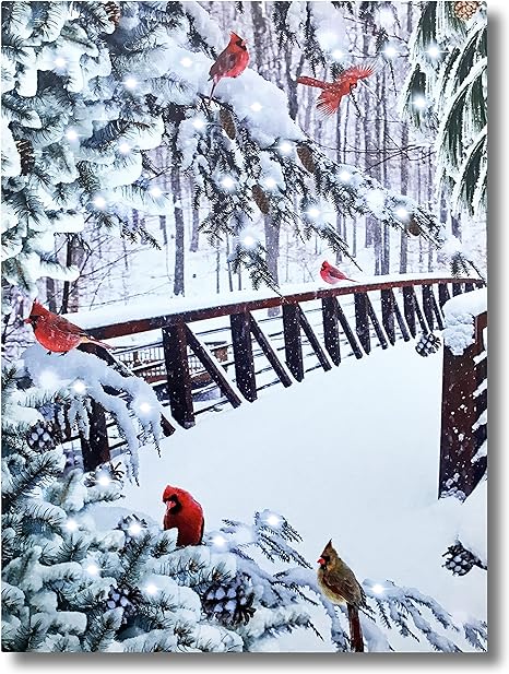 BANBERRY DESIGNS LED Cardinal Snowy Bridge Canvas Wall Art - Lighted Print Cardinals Outside Winter Woods Scene - Battery Operated Light Up Christmas Picture