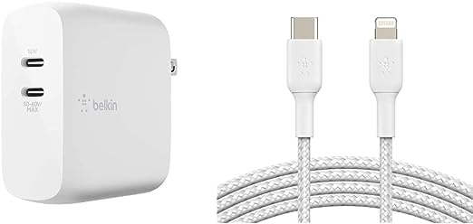 Belkin USB-PD GaN Charger 68W, White & Braided USB C to Lightning Cable MFi Certified iPhone Fast Charger Type C 6.6FT/2M (White)