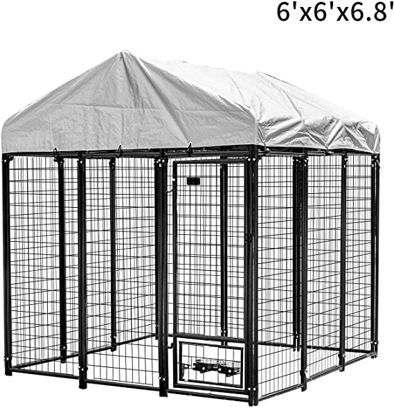PUPZO Welded Wire Dog Kennel,Outdoor Heavy Duty Pet Cage with UV Protection and Waterproof Trap Cover Automatic Lock Rotatable Window 2 Stainless Steel Bowls