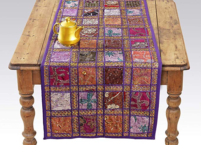 Purple Patchwork Embroidered Table Runner - Indian Sequin Cotton Boho Bohemian Hippie Patchwork Runner Tapestry Wall Hanging - Indian Decoration Tapestry Wedding Reception Party Decor 18 x 58 Inch