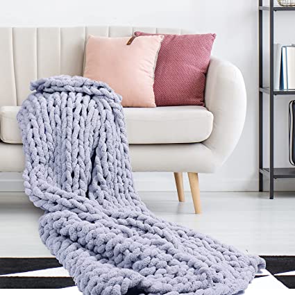 Chunky Knit Blanket Throw | 47" x 60" | Soft Chenille Yarn Knitted Blanket | Crochet Knitted Blanket Throw for Warmth | Perfect for Bed, Couch, Sofa, Chair and Snuggles