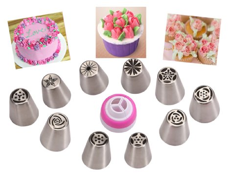Make Flowers In Seconds! Russian Icing Piping Tips Cake Pastry Decorating Nozzle Kit (10 PCS) 1 Coupler