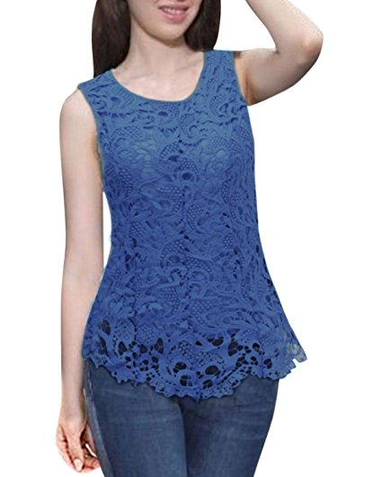 ZANZEA Womens Chiffon Lace Sleeveless Round Neck Embroidery 8Colors Vest Tops