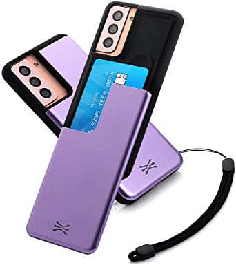TORU CX Slide Compatible with Samsung Galaxy S21 Plus Card Case - Protective TPU Bumper & Purple Hard Cover Dual Layer Slim Hidden Card Holder Slot Wallet with Wrist Strap - Lavender