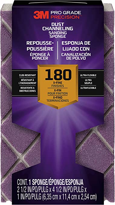 3M Pro Grade Precision Dust Channeling Block Sanding Sponge 180 grit Fine, 2503TRI-180-CH, 11.4 cm x 6.4 cm x 2.5 cm, 12/Pack