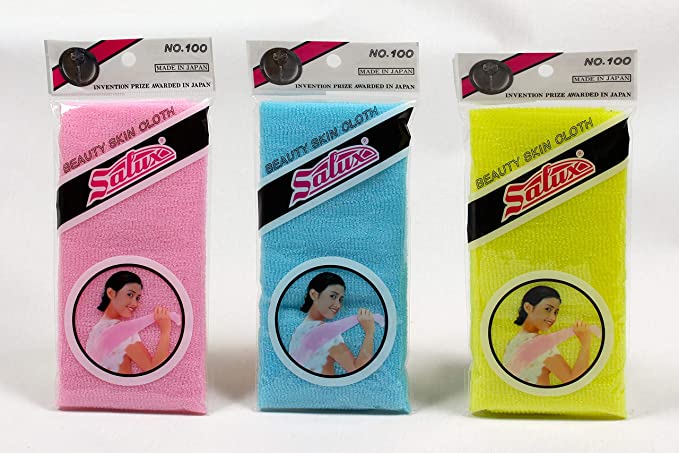 SALUX Nylon Japanese Beauty Skin Bath Wash Cloth Towel 3 Count Mix Pink Yellow Blue