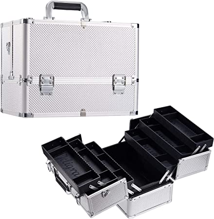 Stagiant Extra Large Makeup Case Professional Cosmetic Box Organiser Case 6 Trays with DIY Divider and Shoulder Strap (Silver)