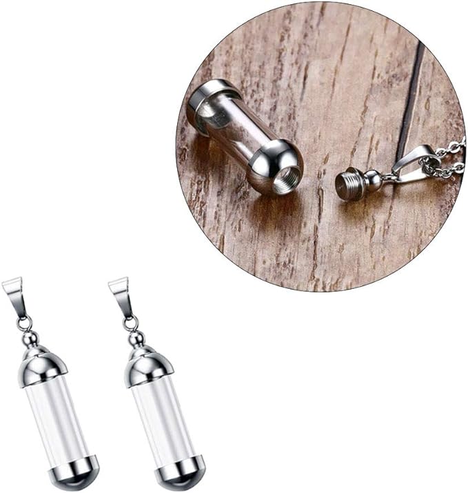 Acxico 2Pcs Stainless Steel Screw Cap Tube Glass Bottle Vial Charms Pendant Necklace