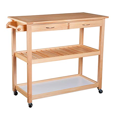 HOMCOM 42" Kitchen Trolley Cart Rolling Island Utility Serving Cart with 2 Drawers and 3-Tier Shelf Pine Wood