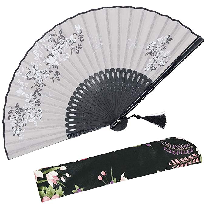 OMyTea 8.27"(21cm) Women Hand Held Silk Folding Fans with Bamboo Frame - With a Fabric Sleeve for Protection for Gifts - Chinese/Japanese Style Butterflies and Morning Glory Flowers Pattern (Gray)