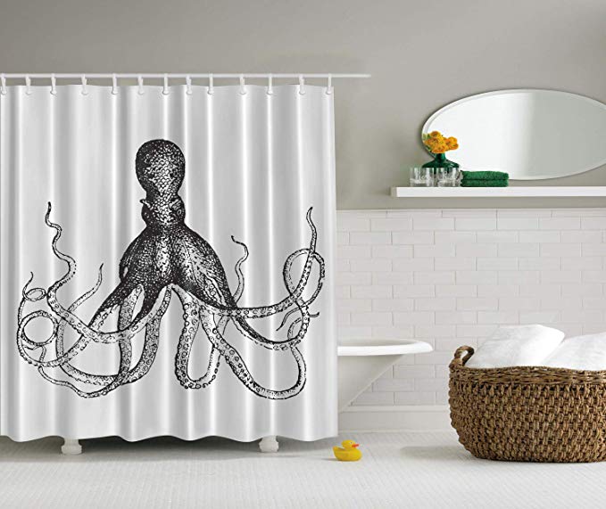 Ambesonne Octopus Shower Curtain, Monochrome Marine Animal with Tentacles in Sketch Subaquatic Life Artwork, Cloth Fabric Bathroom Decor Set with Hooks, 84" Extra Long, Gray Black