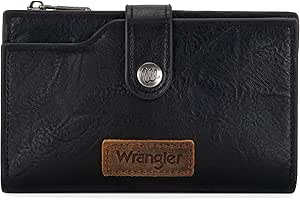 Wrangler Wallet Purse for Women Bifold Card Holder with Zipper Pocket Ladies Clutch with ID Window Gifts for Women Men Black