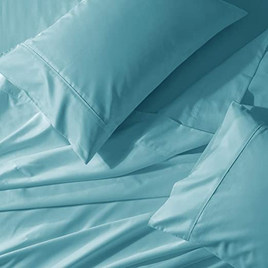 Abripedic 22 Inch Deep Pocket Solid Aqua Sky Queen 300TC Sheet Set, Breathable Crispy Soft Percale Bed Sheets