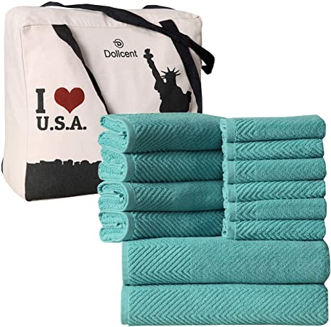 DOLLCENT 600 GSM Jacquard Chevron 100% Combed Hotel Spa Towel- Super Absorbent Ultra Soft Cotton Towel Set - 2 Bath Towels, 4 Hand Towels & 6 Wash Cloths- 12 Pack, Green