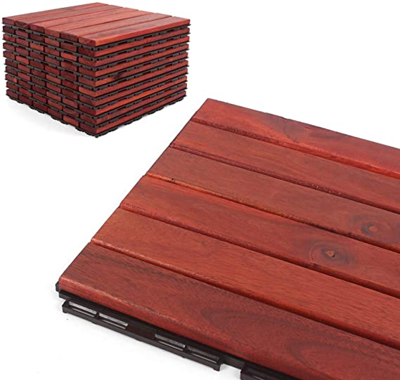 Deck Tiles - Patio Pavers - Acacia Wood Outdoor Flooring - Interlocking Patio Tiles - 12"x12" (10 Pack) - Clay Finish - Straight Pattern Decking