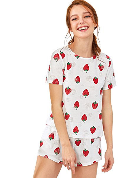 DIDK Women's Cute Cartoon Print Tee and Shorts Pajama Set