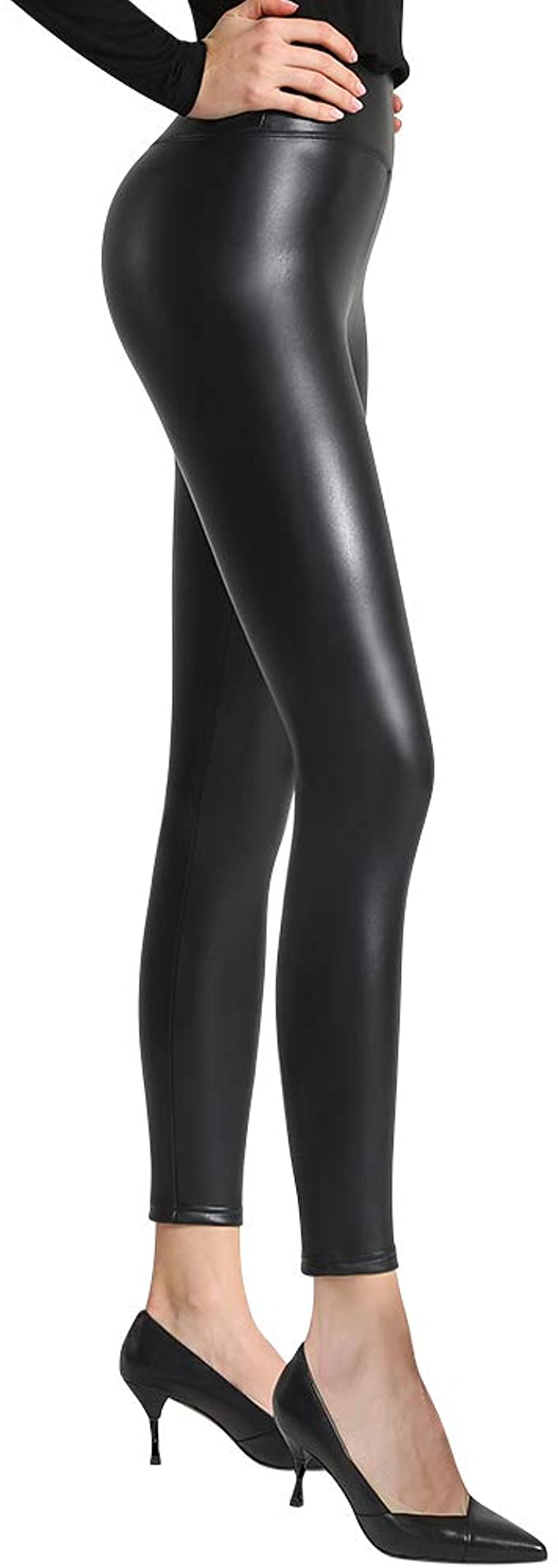 Ginasy Black Faux Leather Leggings for Women High Waisted Stretch Leather Pants with Thin Fleece Line