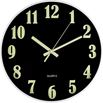 Luminous Wall Clock, Large Classic Numerals Silent Non-Ticking Battery Operated, Modern Decorative Clock for Living/Dining/Kids Bedroom/Kitchen (12 Inch Black)