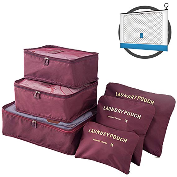 P,travel Travel Packing Organizers Cubes Laundry Bag 7pc Set (WB Wine)