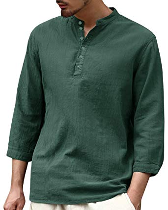 Mens Long Sleeve Henley Shirt Cotton Linen Beach Yoga Loose Fit Henleys Tops