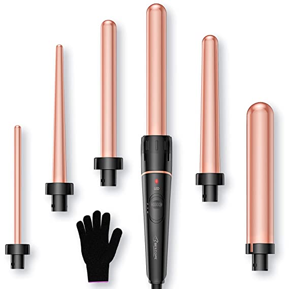 Curling Iron BESTOPE Professional 6 in 1 Curling Wand Set, 0.35''-1.25'' Hair Curler Iron Wand with 6 Interchangeble Ceramic Barrels, Instant Heat Up & LED Control, Include Glove