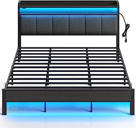 Rolanstar Bed Frame King Size with Charging Station and LED Lights, Upholstered Headboard with Storage Shelves, Heavy Duty Metal Slats, No Box Spring Needed, Noise Free, Easy Assembly, Dark Grey