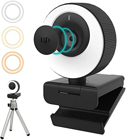 1080P 60FPS Streaming Webcam with Adjustable Ring Light,2021 FROGBRO Web Camera with Microphone,Privacy Cover, Advanced Auto-Focus, Plug and Play,Computer Camera for YouTube, Skype, Zoom and Twitch