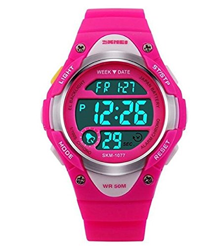 Outdoor Sports Children Watch Waterproof Wrist Watch Kids Silicone ,LED Digital Alarm for Girls Boys Watch Rosered