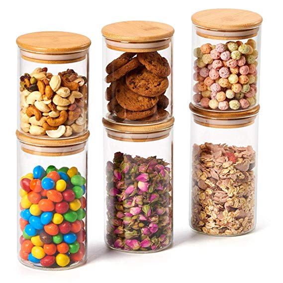 EZOWare Glass Jars Air Tight Canister Kitchen Food Storage Container Set with Natural Bamboo Lids for Candy, Cookie, Rice, Sugar, Flour, Pasta, Nuts (450ml / 700ml,6pcs)