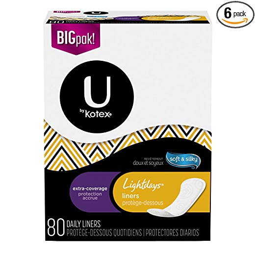 U by Kotex Lightdays Liners, Extra Coverage, Unscented, 80 Count (Pack of 6)