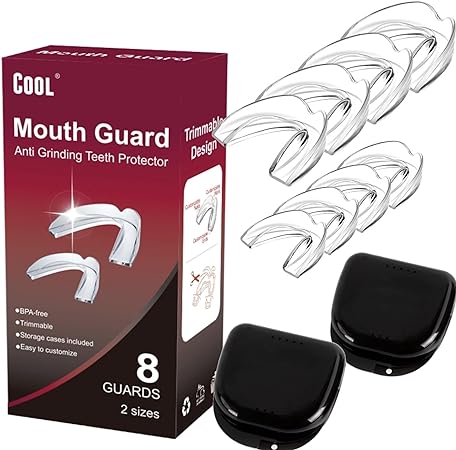 Cool Mouth Guard for Grinding Teeth at Night Guards for Teeth Grinding Mouth Guard for Teeth Clenching, 8 Pcs Bite Guard for Teeth Clenching Nighttime, 2 Sizes, BPA Free, 2 Mouth Guard Cases Included