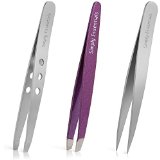 Professional Stainless Steel Tweezers Set - With Pointed Silver Slanted and Purple Slant Designs Includes Case - Precision Calibrated - Best Surgical Grade for Eyebrow Ingrown Hair Nose Hair Splinters and More