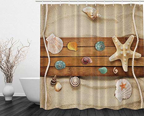 Ambesonne Nautical Bathroom Decor Sand Beach Summer Vacation Beach Pictures for Scenes Prints Decor Seascape Art Pictures Sea Creatures Themed Print Polyester Fabric Shower Curtain