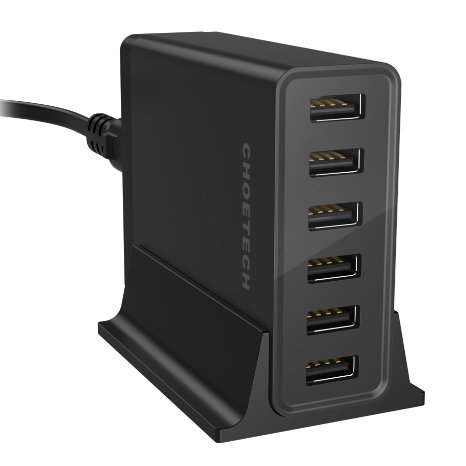 CHOETECH 50 Watt 6 Port Travel/ Wall Charger Adapter with Auto Detect Technology for Smartphones and Tablets - Black