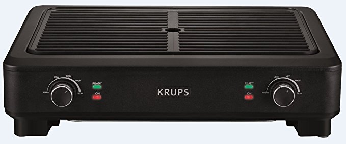 KRUPS PG760851 Electric Indoor Adjustable Temperature Smokeless Grill w/Non-Stick Cooking Surface and Dishwasher Safe Removable Drip Tray, Black