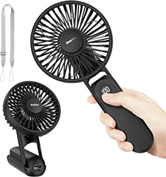 EasyAcc Handheld Fan, Portable Fan Digital Display & 5 Speeds Desk Fan with lanyard 180°Foldable USB C Rechargeable Personal Fan 2.5-18hrs Mini Hand Held Fan for Outdoor Travel Makeup Office - Black